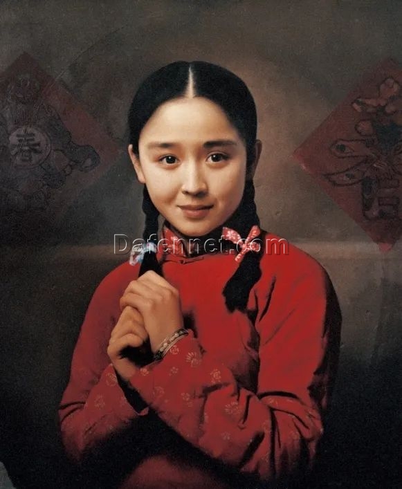 Chinese girl oil painting Chinese Girl with Ponytail Oil Painting: Red Traditional Clothing