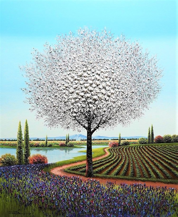 Countryside Tranquility: Majestic Lone Tree Landscape Oil Painting