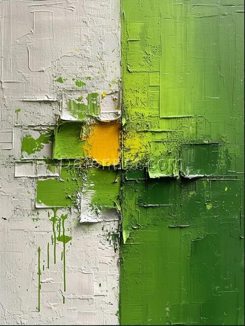 Original Abstract Oil Painting | White Textured Art with Green 3D Texture, Yellow Minimalist Wall Art | Large Abstract Canvas Art