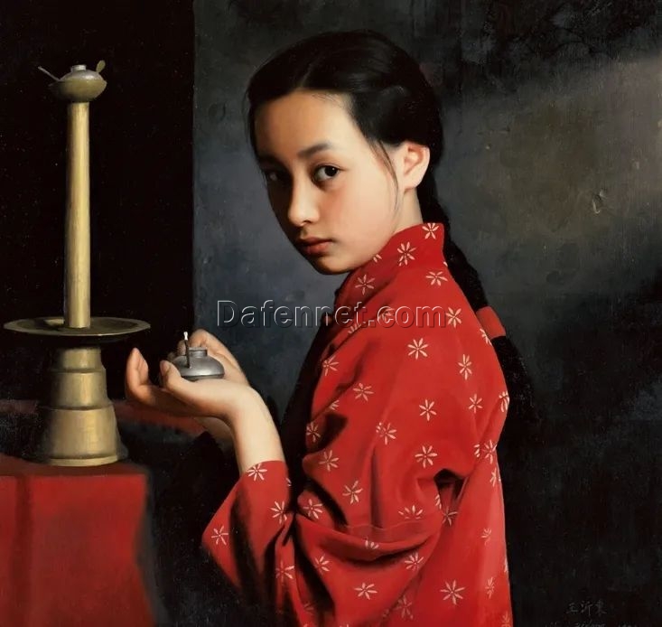 Little Girl Holding Lantern in Traditional Chinese Clothing: Hand-Painted Character Portrait