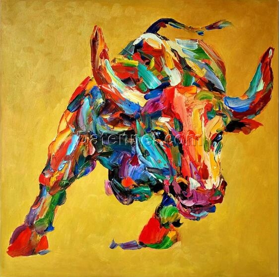 Colorful Impressionist Bull Painting – Vibrant Oil Canvas Art for Modern Home Decor