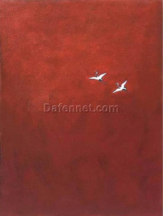 Minimalist Abstract Oil Painting of Two White Cranes – Elegant Artwork by Dafen Village Art Studio