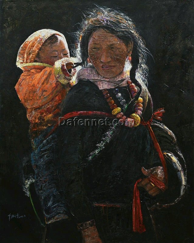 DaFen Village Original Oil Painting: Mother and Child on the Prairie Portrait