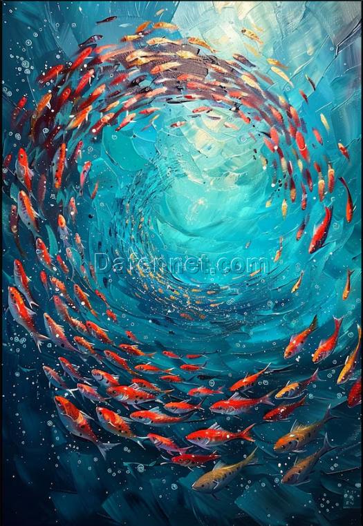 Abstract Blue Underwater World Art: School of Fish Oil Painting – Contemporary Marine Life Canvas