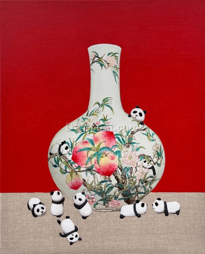 Original Chinese Style Oil Painting – Blue and White Porcelain with Giant Panda | Dafen Art Village Studio | Unique Hand-Painted Artwork for Sale