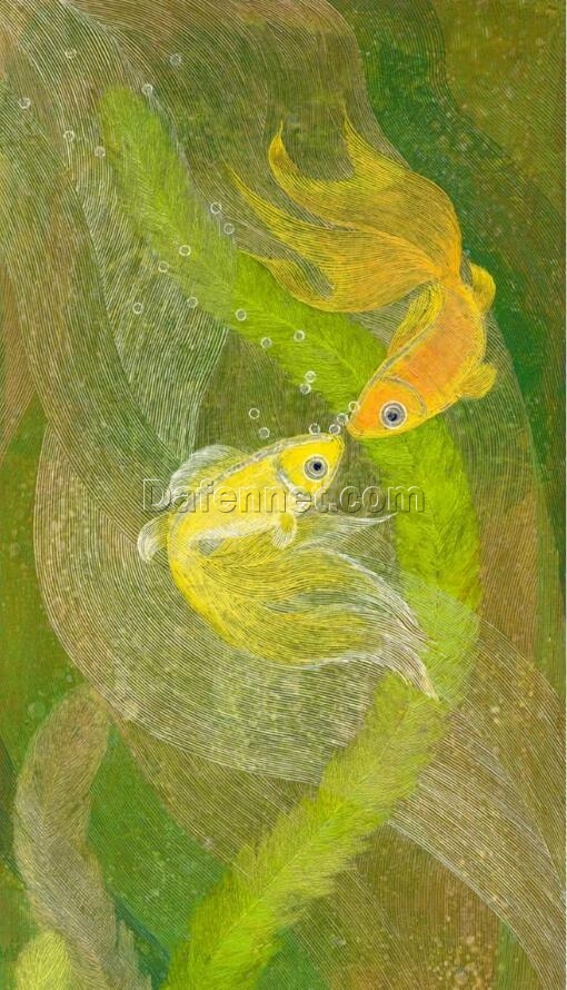 Vibrant Green Underwater World with Goldfish Oil Painting – Exquisite Hand-Painted Art from Dafen Village Studio, Perfect for Modern Home Decor