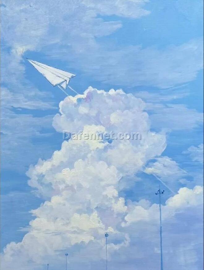 Charming Blue Sky and White Clouds Oil Painting with Paper Airplane | Dafen Village Art Studio