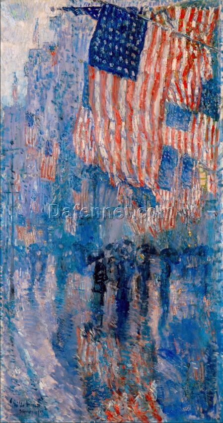 Childe Hassam Inspired Avenue in the Rain Oil Painting – Vibrant Cityscape Art