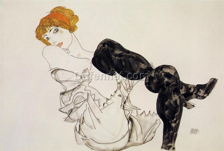 Woman in Black Stockings by Egon Schiele – 1913 Vienna Artwork, Custom Oil Painting Reproduction, Dafen Village Art Studio