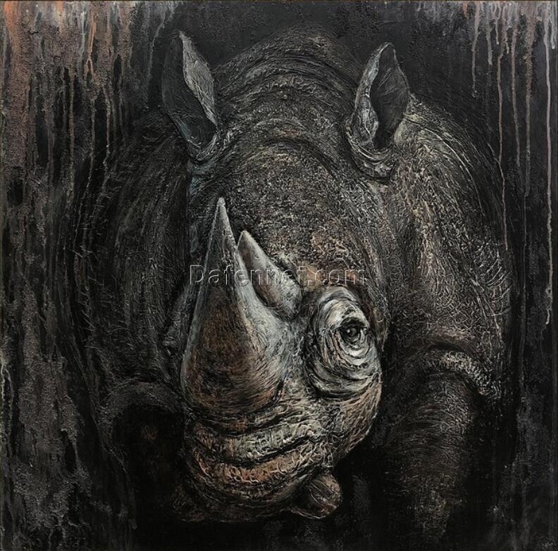 Hand-Painted Rhinoceros Canvas Art – Abstract Monochrome Rhino Painting with Texture from Dafen Village Studio