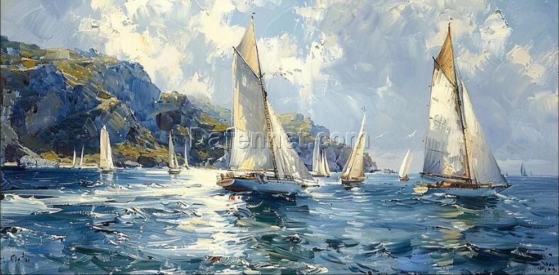 Hand-Painted White Sailboat Oil Painting on the Sea – Dafen Village Studio Original Artwork