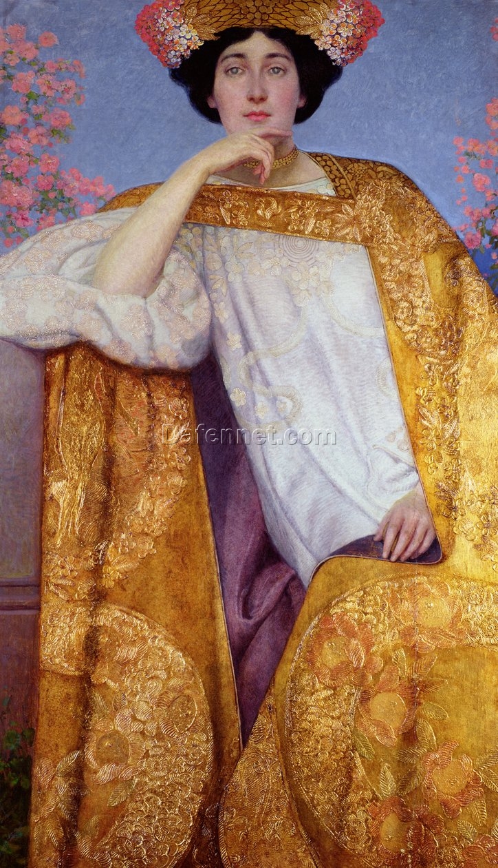 Gustav Klimt ‘Portrait of a Woman in a Golden Dress’ 1886-87 Oil Painting – Stunning Art Nouveau Collaboration with Ernst Klimt and Franz Matsch