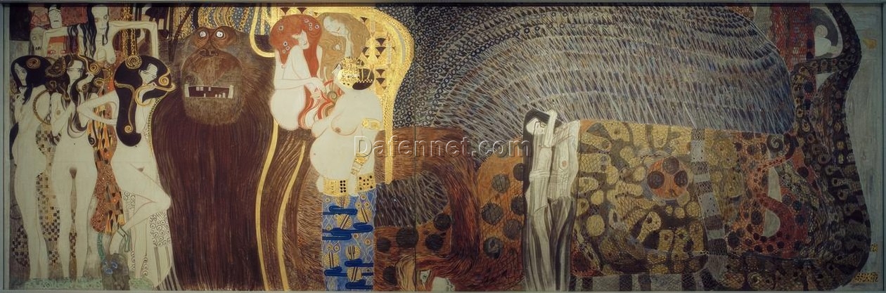 Hand-painted Gustav Klimt ‘Beethoven Frieze – The Hostile Forces’ 1902 Fresco – Iconic Art Nouveau Depiction of Struggle