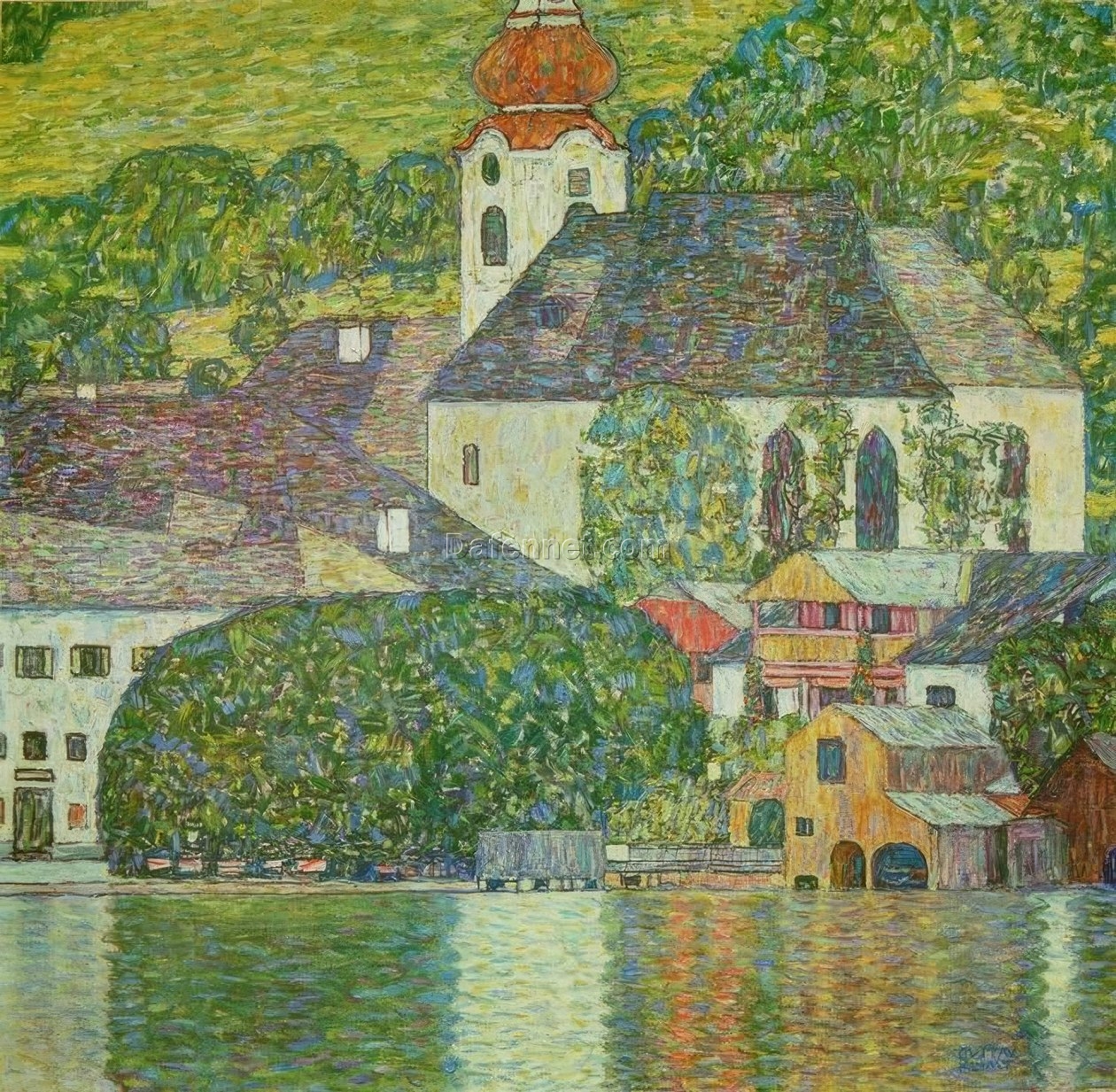 Gustav Klimt ‘Church in Unterach on Attersee-Lake’ Oil Painting – Art Nouveau Landscape on Canvas