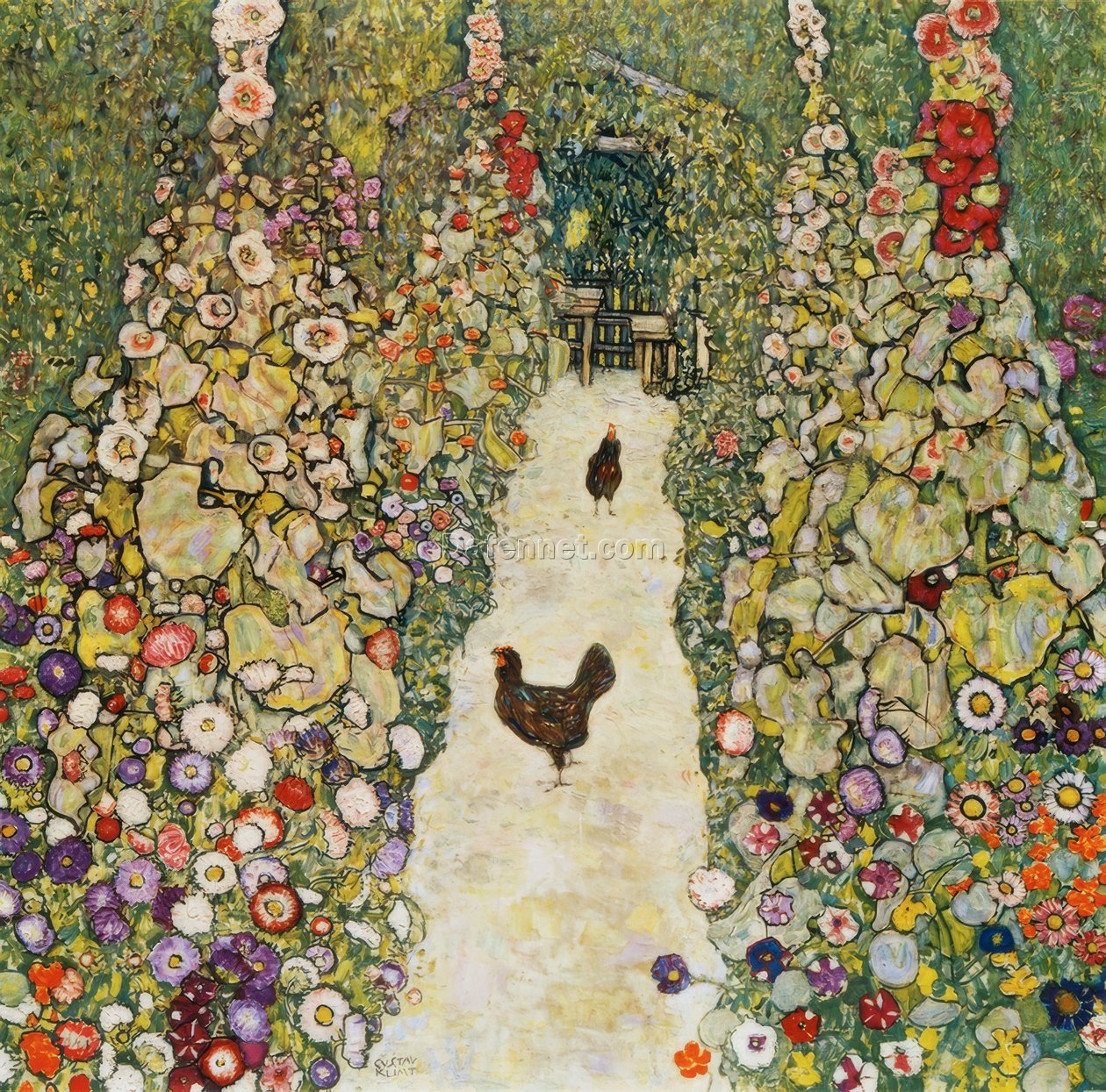 Hand-painted Gustav Klimt ‘Garden Path with Chickens’ Oil Painting – Stunning Art Nouveau Country Landscape