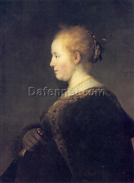 Hand-painted Rembrandt ‘A Young Woman in Profile with a Fan’ 1632 – Captivating Portrait of 17th Century Elegance