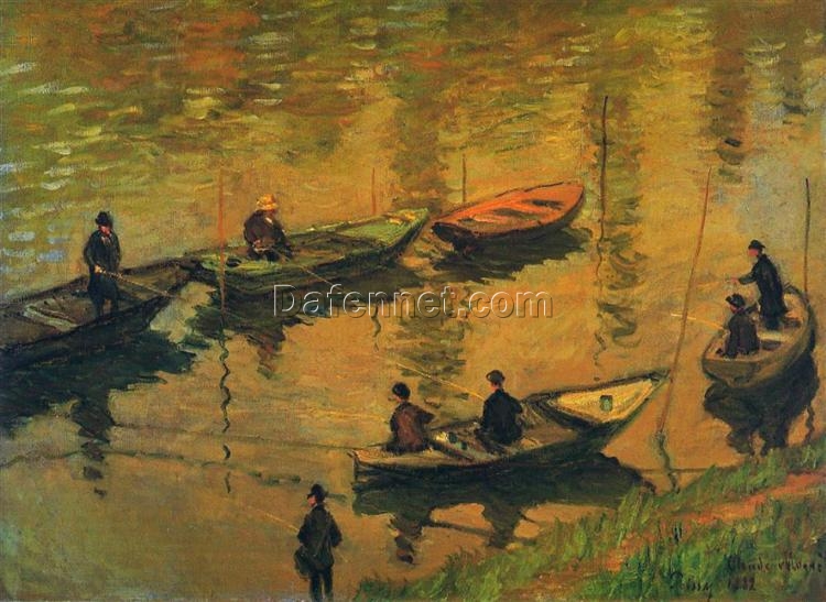 Hand-Painted Claude Monet ‘Anglers on the Seine at Poissy’ 1882 Oil Painting – Stunning Impressionist Artwork from Dafen Village Studio