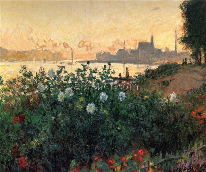 High-Quality Custom Oil Painting of Argenteuil, Flowers by the Riverbank (1877) by Claude Monet – Created by Skilled Artists in Dafen Village