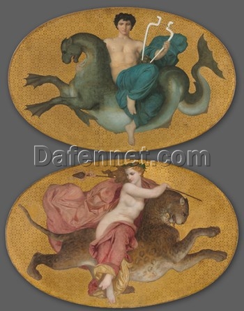 Custom Oil Paintings of Bouguereau’s “Arion on a Sea Horse” and “Bacchante on a Panther” | Elegant 1855 Artwork Pair from Dafen Village