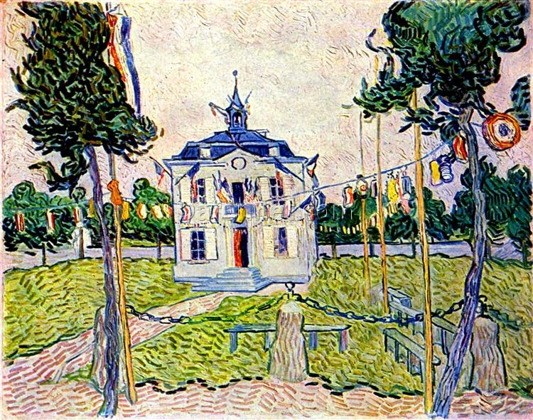 Hand-Painted Van Gogh Auvers Town Hall on 14 July 1890 – Historic 1890 Landscape Art by Dafen Village Studio