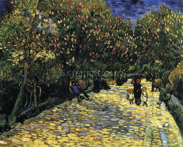 Hand-Painted Van Gogh Avenue with Flowering Chestnut Trees at Arles 1889 – Stunning Spring Landscape by Dafen Village Studio