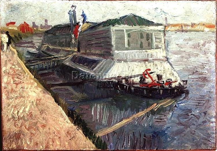 Hand-Painted Van Gogh Bathing Float on the Seine at Asnieres 1887 – Scenic River Landscape by Dafen Village Studio