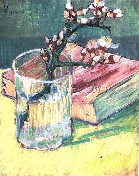 Hand-Painted Van Gogh Blossoming Almond Branch in a Glass with a Book 1888 – Elegant Still Life by Dafen Village Studio