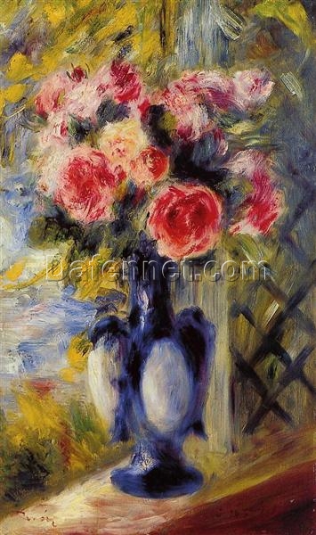 Custom Oil Painting Reproduction of Pierre-Auguste Renoir’s “Bouquet of Roses in a Blue Vase” – Lush Floral Arrangement | Dafen Village