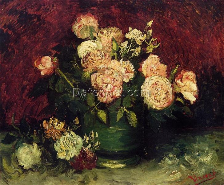 Hand-Painted Van Gogh Bowl with Peonies and Roses 1886 – Elegant Floral Still Life by Dafen Village Studio