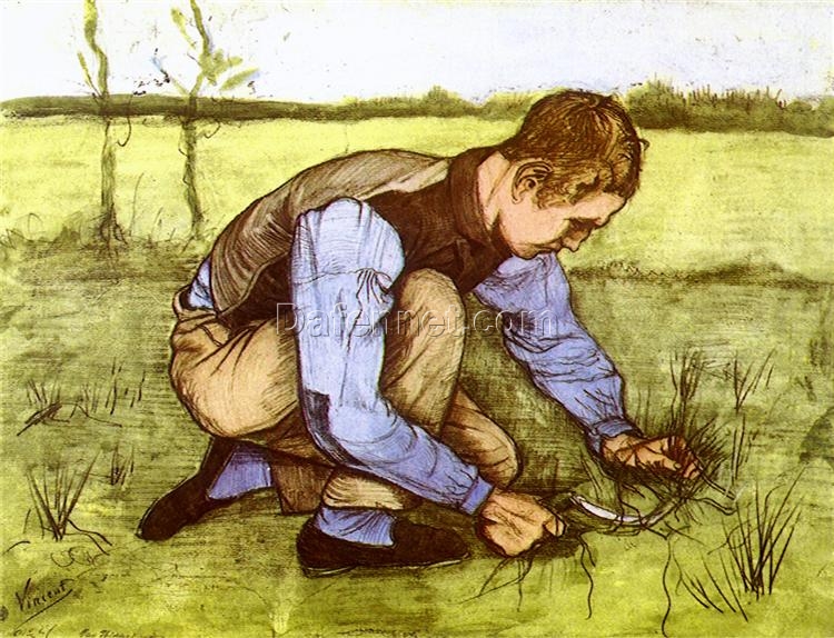 High-Quality Reproduction of Van Gogh’s Boy Cutting Grass with a Sickle – Vintage 1881 Oil Painting from Dafen Village Studio