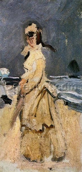 Camille on the Beach by Claude Monet – Beautiful Seaside Impressionist Painting Reproduction by Dafen Village Studio