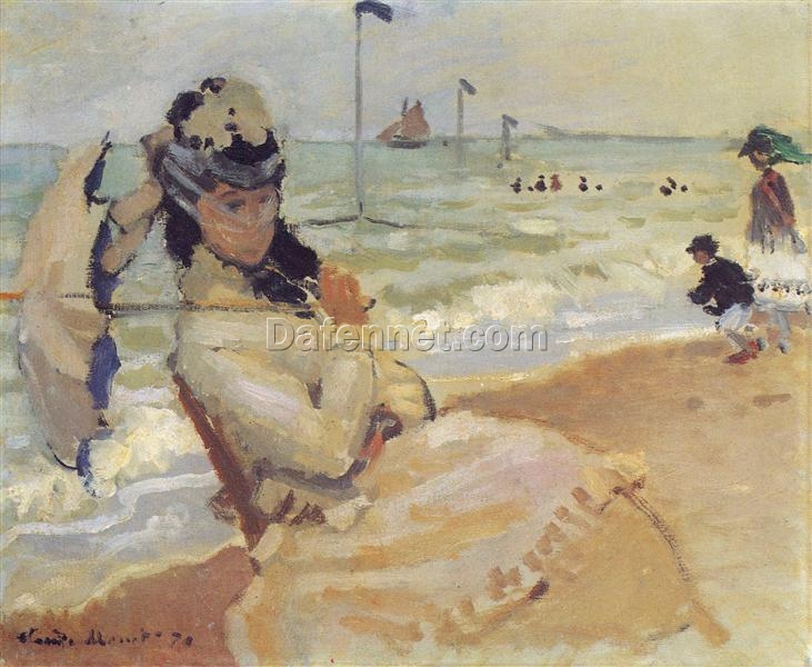 Camille on the Beach at Trouville (1870) by Claude Monet – Original Impressionist Seascape Painting from Dafen Village Studio