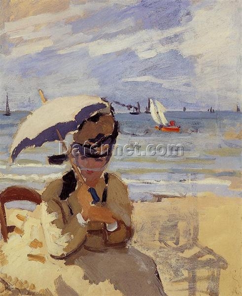 Hand-painted Reproduction of Camille Sitting on the Beach at Trouville by Claude Monet | Dafen Village Studio Oil Painting