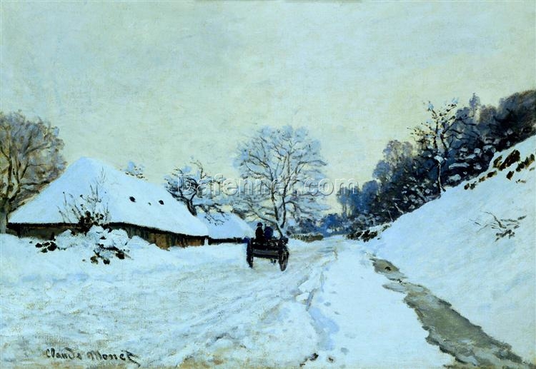 Claude Monet Cart on the Snow Covered Road with Saint-Simeon Farm – High-Quality 1865 Winter Scene Oil Painting by Dafen Village Artisans