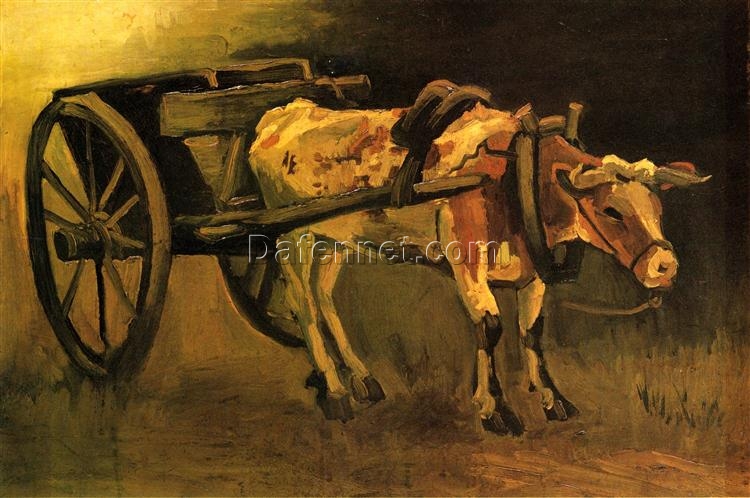 Hand-Painted Van Gogh Cart with Red and White Ox 1884 – Rustic Farm Scene by Dafen Village Studio