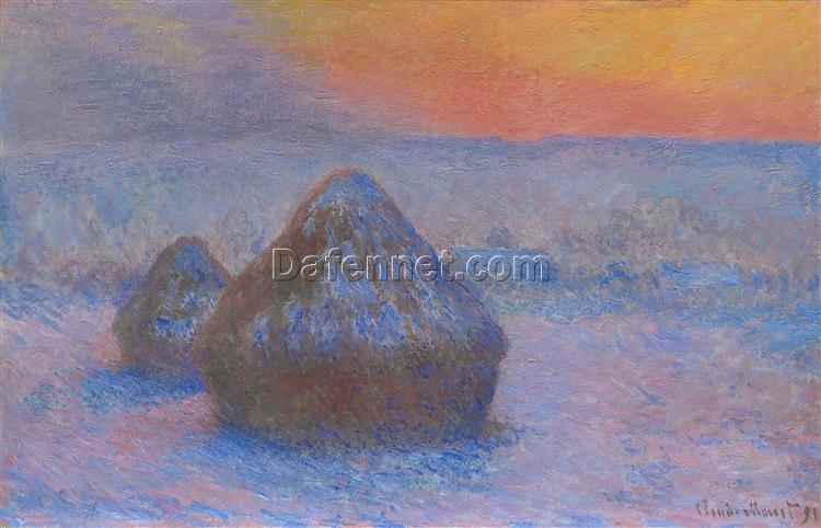 Claude Monet Winter Landscape – Stacks of Wheat (Sunset, Snow Effect) 1890-1891, Hand-Painted Oil Painting for Contemporary Home