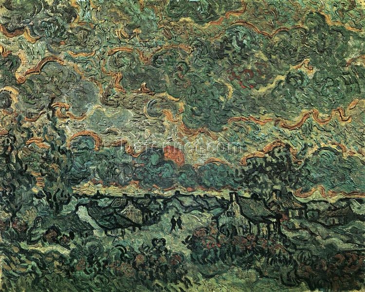 Reproduction of Van Gogh’s Cottages and Cypresses: Reminiscence of the North (1890) | Custom Oil Painting by Dafen Village Artists