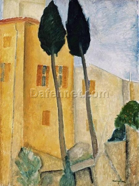 Cypress Trees and House Amedeo Modigliani Date: 1919; Paris, France   Style: Expressionism