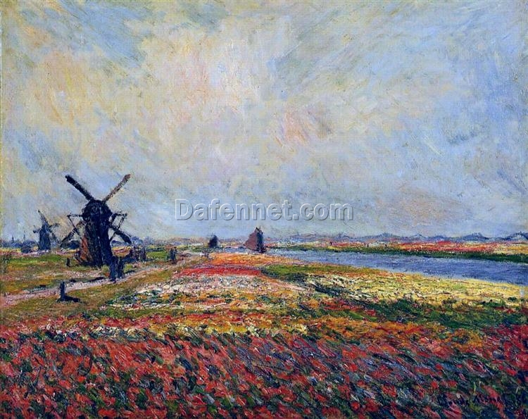 Reproduction of Fields of Flowers and Windmills near Leiden by Claude Monet – Hand-Painted 1886 Oil Painting for Classic Home Decor from Dafen Village