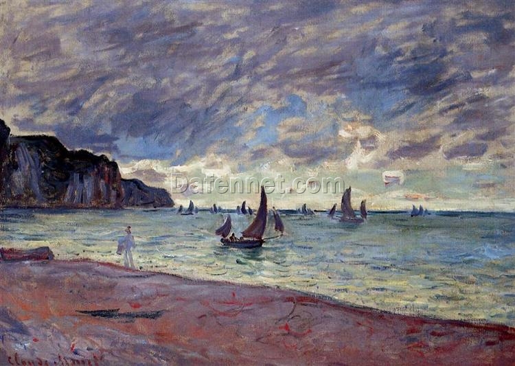 Impressionist Seascape – Fishing Boats by the Beach and the Cliffs of Pourville (1882) Oil Painting, Custom Handmade