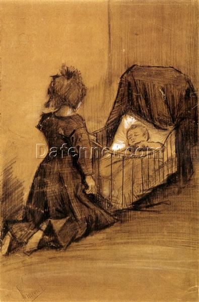 Custom Oil Painting of Girl Kneeling by a Cradle (1883) by Vincent van Gogh – Handmade by Dafen Village Artists