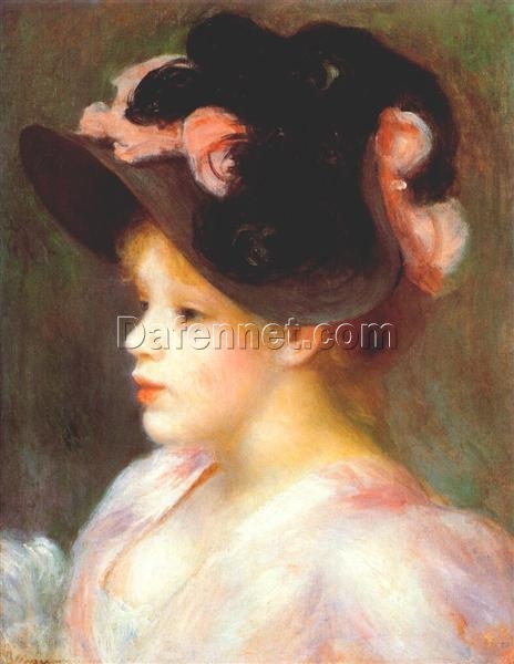 Pierre-Auguste Renoir “Girl with a Pink and Black Hat” (c.1890) – Handcrafted Oil Painting Reproduction for Elegant Portrait or Fashion Decor