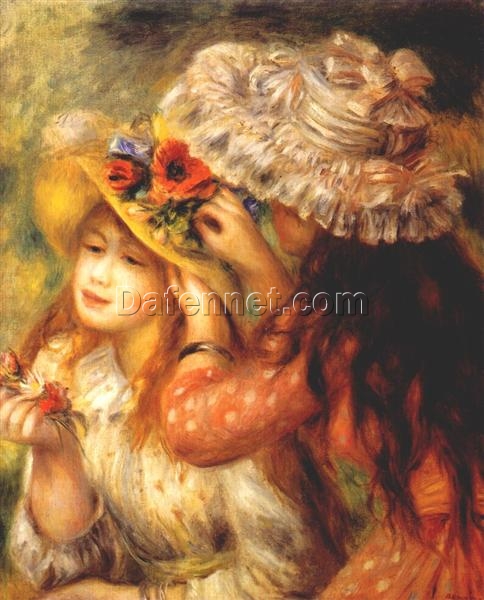 Pierre-Auguste Renoir “Girls Putting Flowers on Their Hats” (1893 – 1894) – Handcrafted Oil Painting Reproduction for Elegant Portrait and Floral Decor