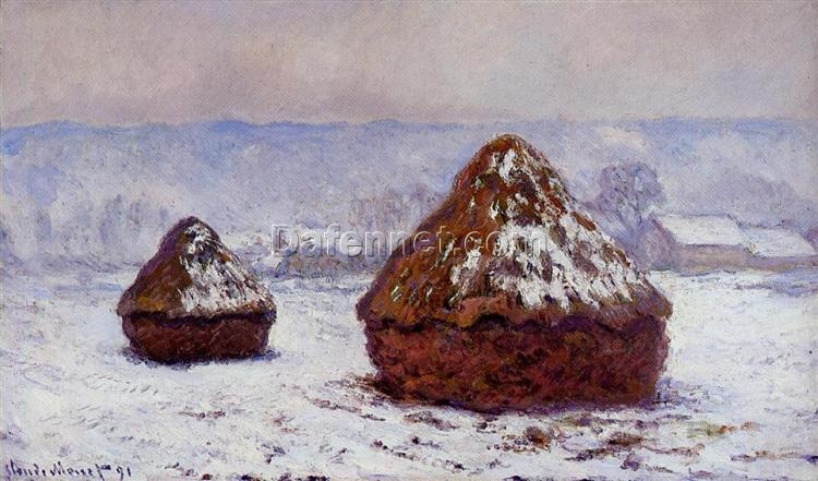 Snowy Grainstacks by Claude Monet – Beautiful Hand-Painted Oil Painting for Classic Winter Decor