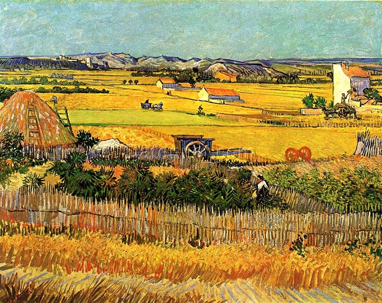 Hand-Painted Oil Painting of Harvest at La Crau by Vincent van Gogh, Featuring Montmajour – Made by Dafen Village Artists