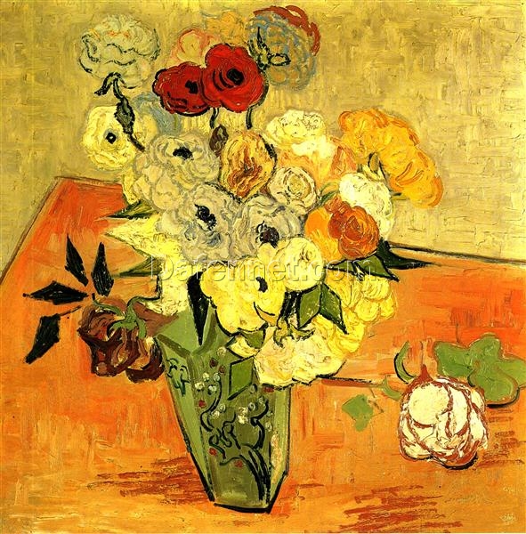 Luxury Hand-Painted Oil Painting of ‘Japanese Vase with Roses and Anemones’ by Vincent van Gogh (1890) | Custom Artwork from Dafen Village