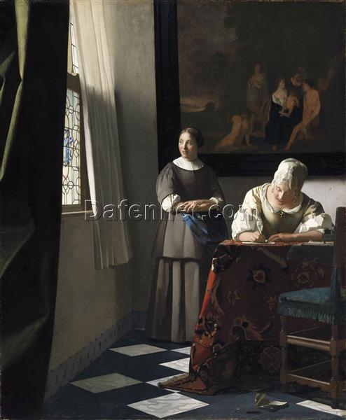 Hand-Painted Oil Painting of Vermeer’s ‘Lady Writing a Letter with Her Maid’ – Custom Reproduction from Dafen Village Studio