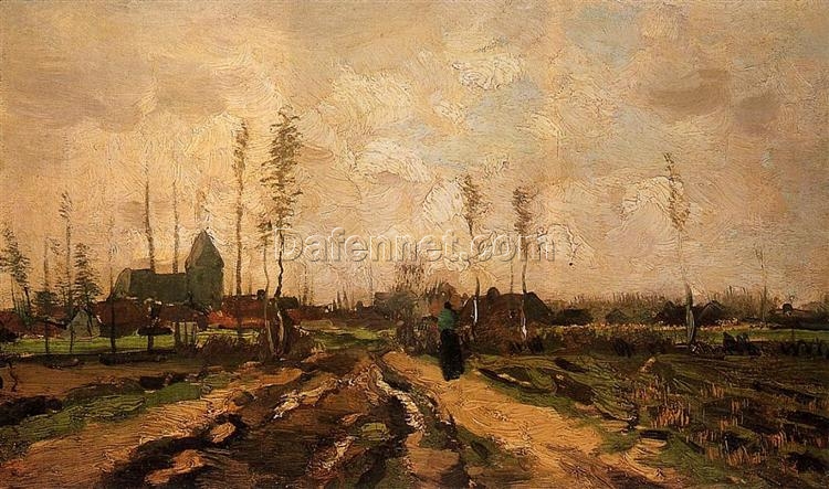 Vintage Van Gogh Landscape with Church and Houses – Handcrafted Oil Painting by Dafen Village Artists