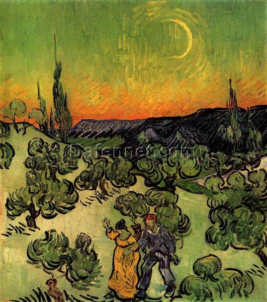 Dafen Village Oil Painting Studio’s High-Quality Reproduction of Vincent van Gogh’s Landscape with Couple Walking and Crescent Moon (1890)