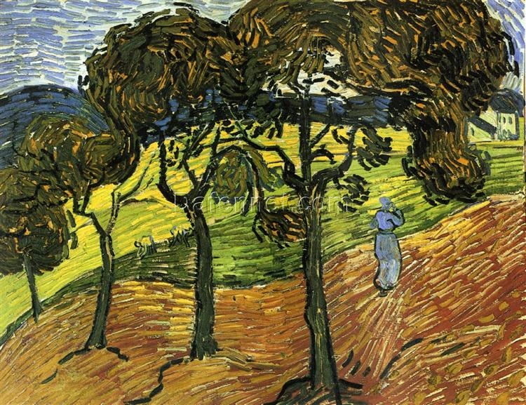 Hand-Painted Landscape with Trees and Figures by Vincent van Gogh – Authentic Oil Painting Reproduction